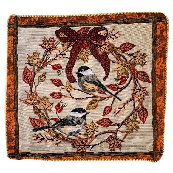 Vtg Double-sided Tapestry Bird Cover Winter Cardinal Fall Chickadee Satin Cord - Picture 3 of 5